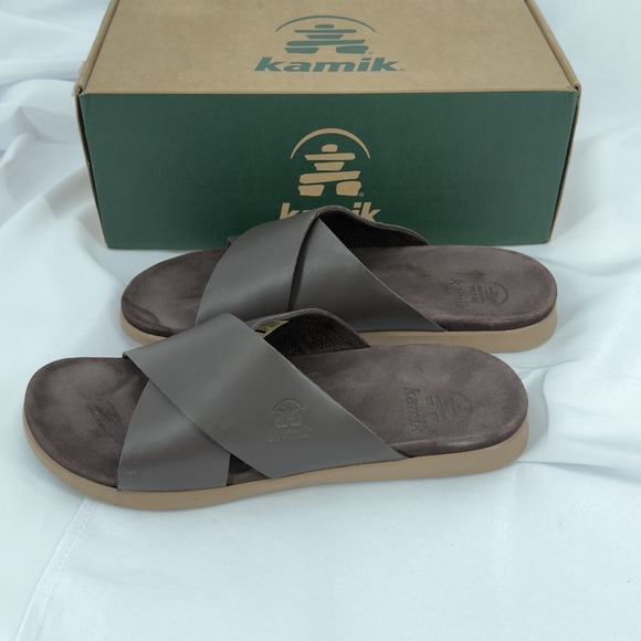 New Kamik Marty Cross Slip-on Slide Mens Sandal Brown HK0691 Size EU44 US11 UK10